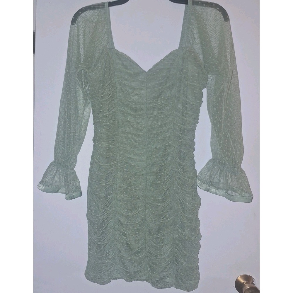 Sage Green Swiss Dot Sz L Large Ruched mini Dress Bodycon Romantic Fairy Core